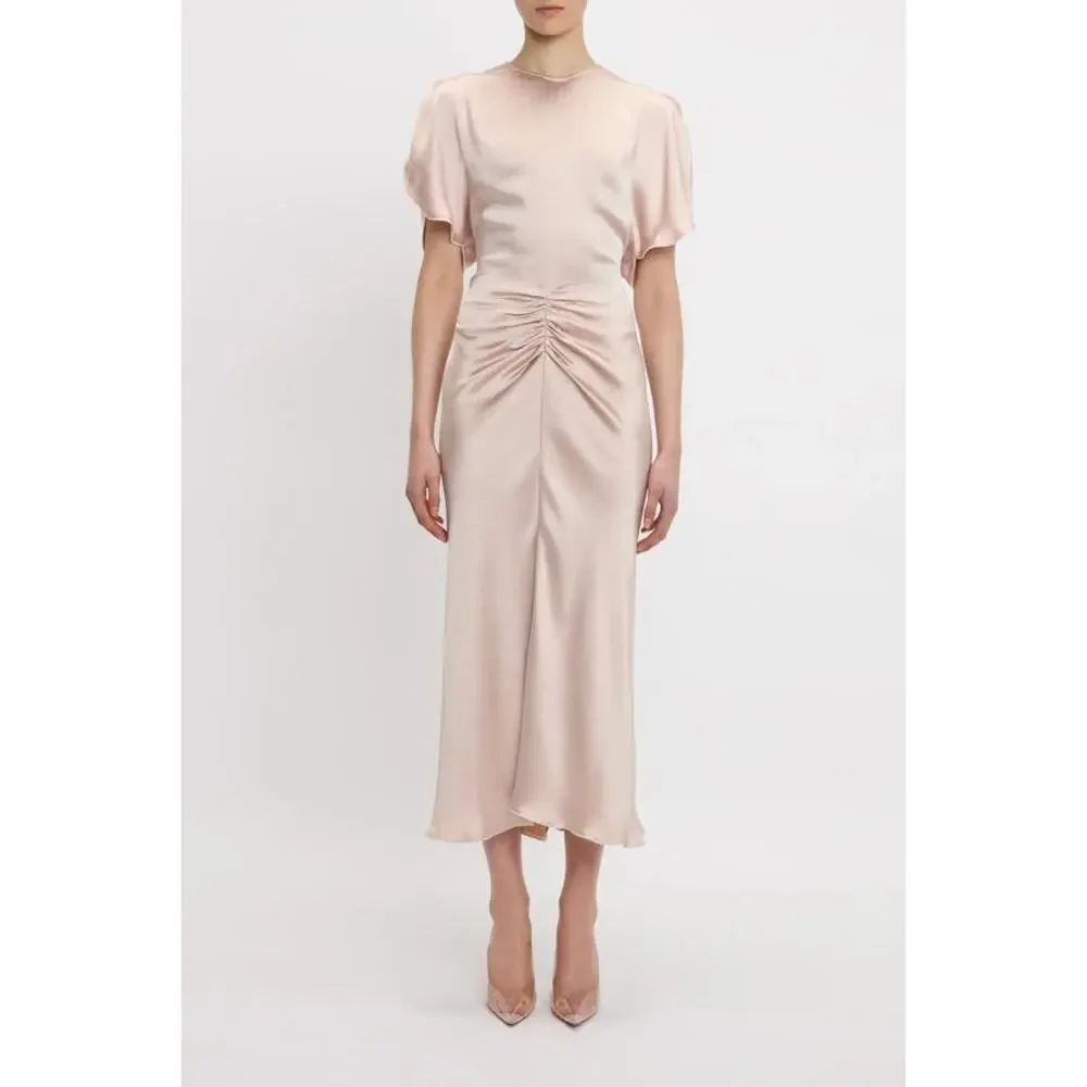 Victoria Beckham Gathered Waist Midi Dress in Blush Apricot UK 8 US 4 - Picture 1 of 3